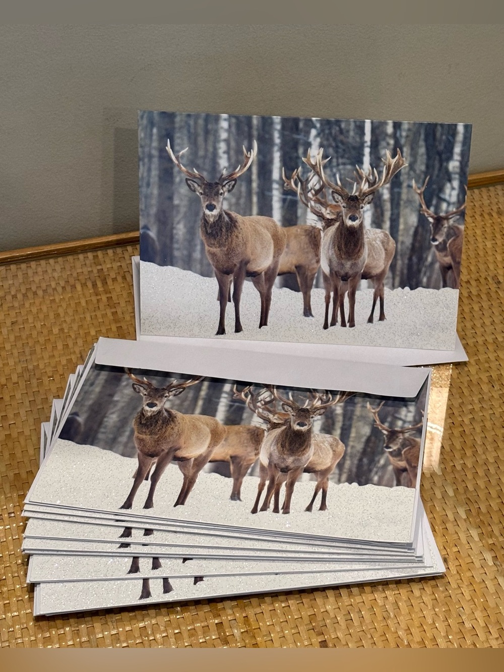 Set of 10 holiday winter themed cards with envelopes with deer print new!